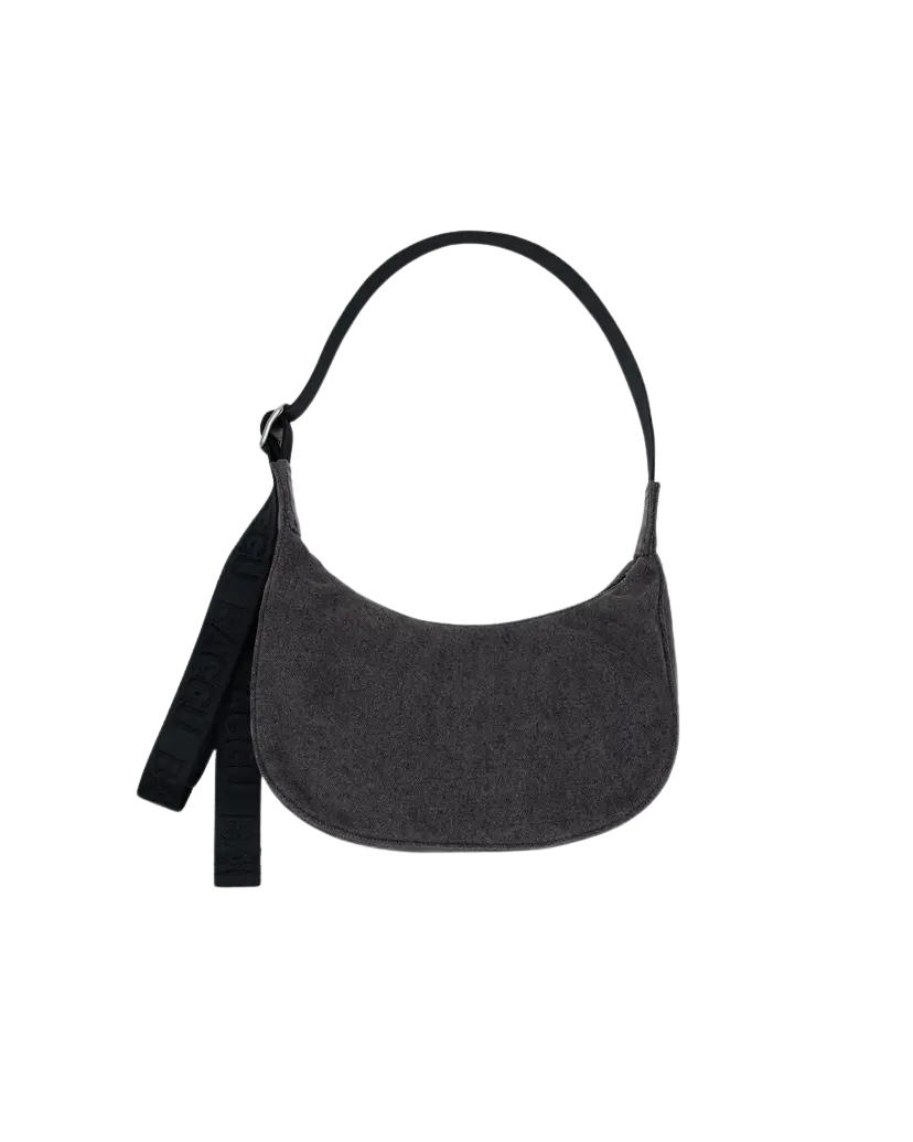 Small Denim Crescent Bag in Washed Black Denim